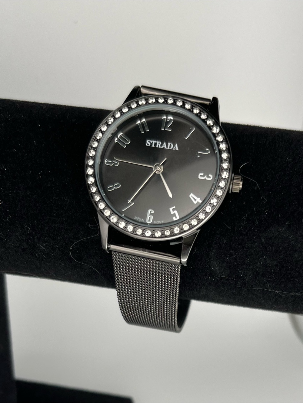 Strada Black Mesh Strap Watch with Crystal-Studded Bezel